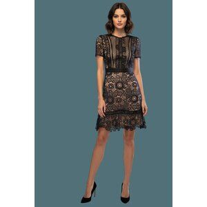 Aqua Floral Crochet Lace Feminine Chic Boho Navy/Black Lined Dress Women XS